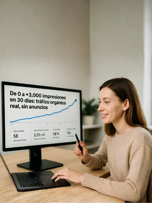 Panel de analítica con el crecimiento de impresiones orgánicas en Google